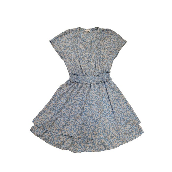 Cottagecore Womens Medium Dress Ditzy Floral Blue Cream Layered Smocked Prairie - Picture 1 of 11